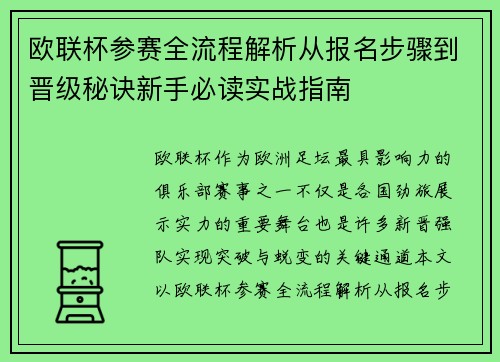 欧联杯参赛全流程解析从报名步骤到晋级秘诀新手必读实战指南