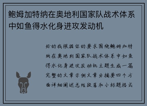 鲍姆加特纳在奥地利国家队战术体系中如鱼得水化身进攻发动机