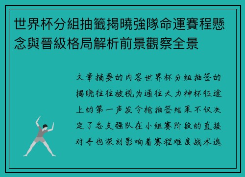 世界杯分組抽籤揭曉強隊命運賽程懸念與晉級格局解析前景觀察全景