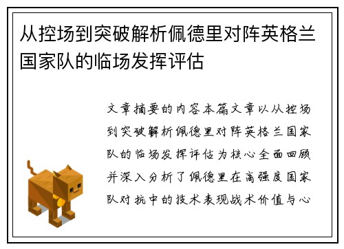 从控场到突破解析佩德里对阵英格兰国家队的临场发挥评估